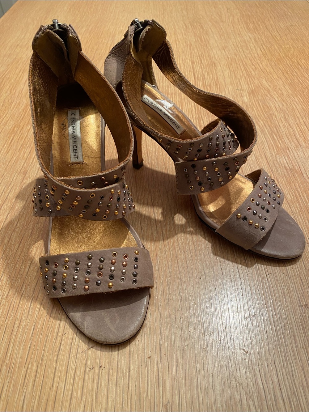 Cynthia Vincent  Reid Studded Taupe Leather Sandals